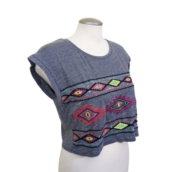 Womens Large Cropped T Shirt Top Southwest Aztec Gray Cotton Blend Boho Summer - Picture 3 of 8